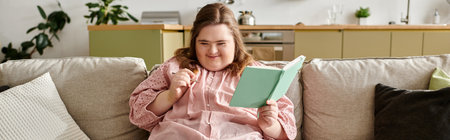 A young pretty woman with Down syndrome sits on a couch, reading a book and smiling joyfully.の写真素材