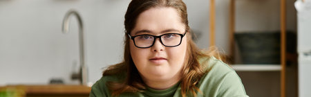 A young, pretty woman with Down syndrome displays confidence and joy in her cozy home environment.の写真素材