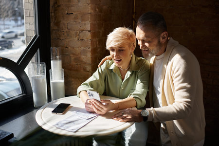 Middle aged couple enjoys each others company while sharing laughter and a smartphone.