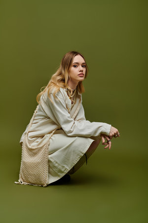 A young woman in chic attire poses gracefully, exuding confidence and style in a lively setting.の写真素材