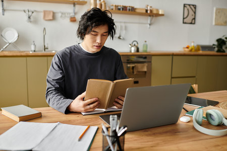 A handsome young man engages in online learning, surrounded by study materials in his cozy kitchen.