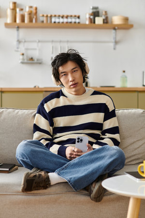 A handsome young man is casually seated on a couch at home, holding his phone while relaxing.の写真素材
