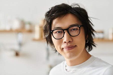 Handsome young man in glasses stands in a stylish home, looking at cameraの写真素材