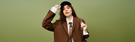 A young woman confidently poses in chic oversized attire, showcasing modern style.