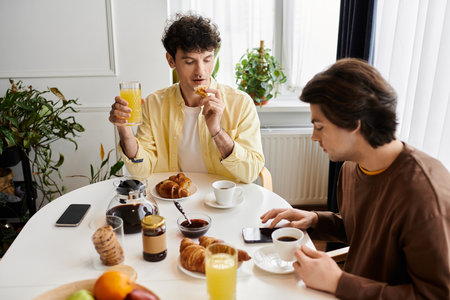 Two men share a cozy breakfast in their modern apartment, savoring moments of affection.