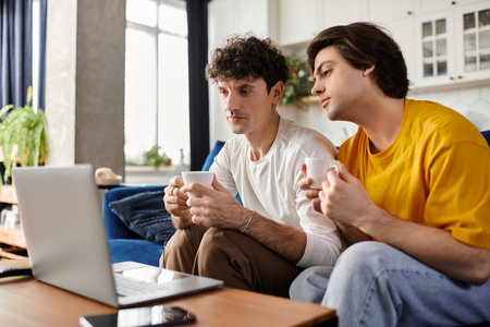 Two men sit closely on a couch, sipping coffee while watching something on their laptop.