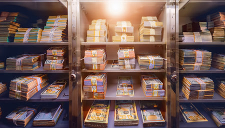 In a modern bank vault, neatly organized cash bundles illuminate the shelves.の素材