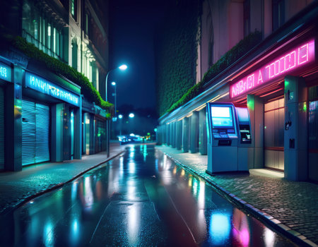 Neon lights highlight an empty street featuring advanced banking technologies at night.の素材