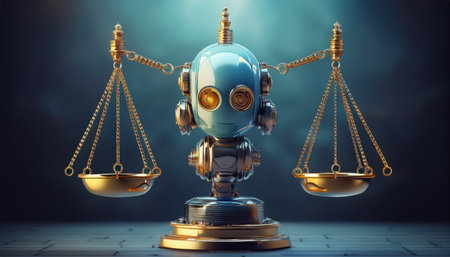 A sleek robotic figure holds a set of golden scales, symbolizing justice in finance and banking.の素材