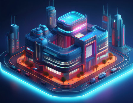 Dynamic banking facility situated in a modern urban landscape illuminated by neon lights.の素材