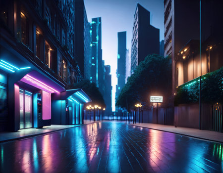 A vibrant city street showcases illuminated buildings and future-oriented banking services.の素材