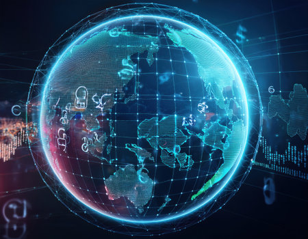 Abstract visualization of global finance shows interconnected banking systems and digital data flow.の素材
