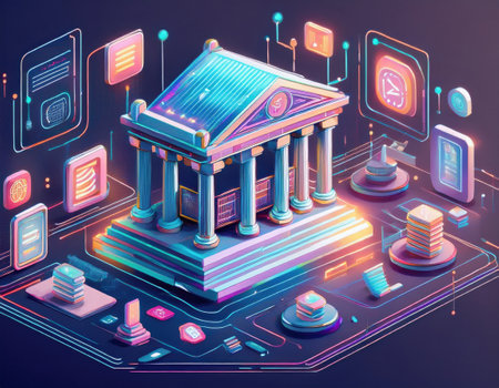 Vibrant representation of a bank with digital elements highlighting innovation in finance.の素材