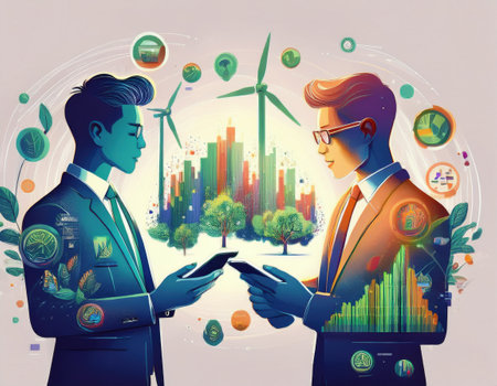 Two business professionals explore advanced fintech solutions amidst a vibrant, eco-friendly city.の素材
