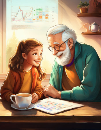 A girl engages in a lively conversation about finance with her grandfather in a warm setting.の素材