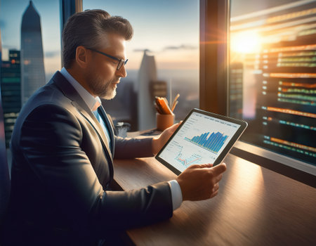 A businessman analyzes financial data on a tablet while overlooking a bustling cityscape at dusk.の素材