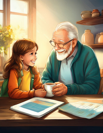 A joyful grandfather teaches his granddaughter about finance over warm drinks in a sunny kitchen.の素材