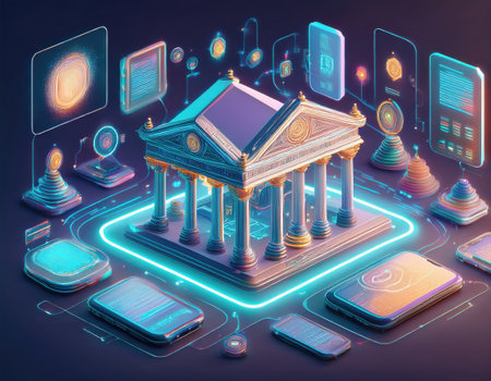 Digital representations of a bank combine technology and finance, showcasing modern banking trends.の素材