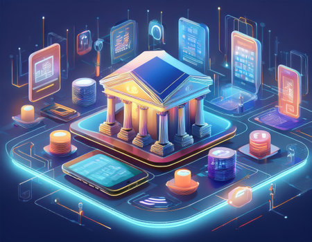 This artwork shows a future banking scene with tech-enhanced financial services.の素材