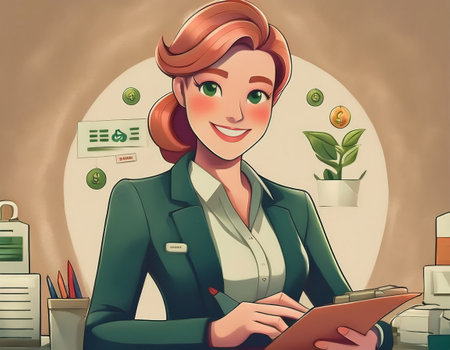 A confident professional in business attire reviews financial documents in a modern office setting.の素材