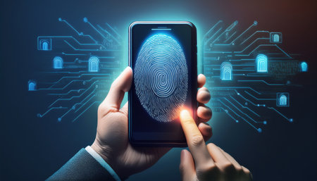 A hand touches a smartphone with a glowing fingerprint, symbolizing security.の素材