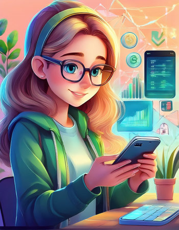 A confident businesswoman explores financial data on her smartphone in a modern office setting.の素材