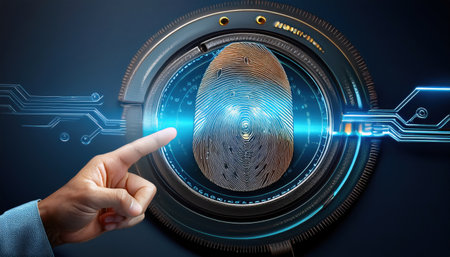 Biometric fingerprint scanning enhances security in financial transactions and banking services.の素材