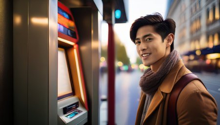 A young asian man approaches a modern ATM in a lively city, smiling as he engages with technology.の素材