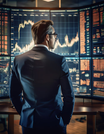 A business professional studies market trends displayed on large screens during the day.の素材