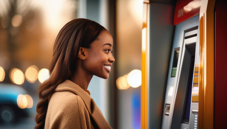 A woman smiles while using an ATM in a bustling city at dusk.の素材