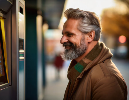 A middle-aged man smiles while interacting with a banking kiosk on a vibrant city street.の素材