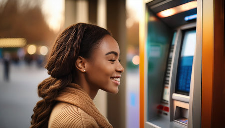 A young woman at a bustling bank ATM smiles while using the machine.の素材