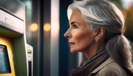 A senior woman with silver hair interacts with an ATM outside, focused and determined.の素材