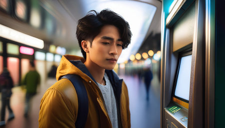 A young asian individual engages with an ATM, surrounded by a bustling city environment at night.の素材