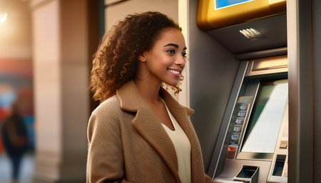 A young african american woman with curly hair happily uses an ATM in a busy city setting, showcasing convenience.の素材