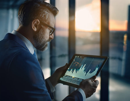 A focused man in business attire examines financial data displayed on his tablet as the sun sets.の素材