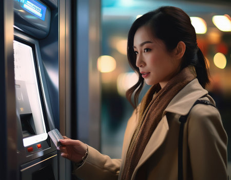 An asian woman interacts with an ATM while illuminated by city lights.の素材
