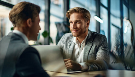 Two businessmen share ideas and strategies at a sleek office space during a productive meeting.の素材