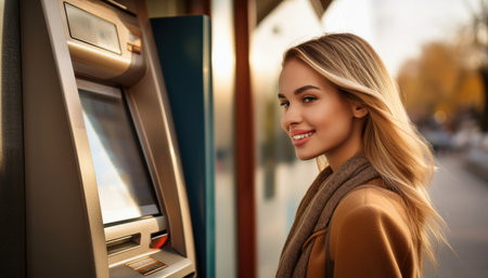 A woman smiles at an ATM in a lively city during golden hour, reflecting on banking.の素材