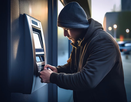 In an urban setting, a thief interacts with an ATM at dusk, engaged in a banking activity.の素材
