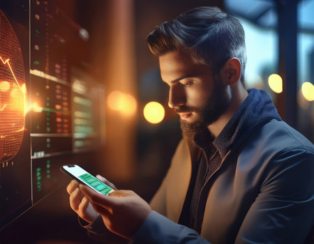 A young professional examines financial trends on a smartphone in a lively city setting.の素材