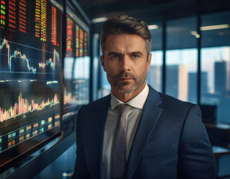 Business executive reviews market trends while surrounded by digital displays in a sleek office.の素材