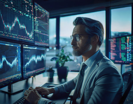 Business professional focuses on trading insights while monitoring digital stock charts at dusk.の素材