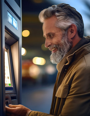 A senior man is happily accessing an ATM under soft evening lights in a bustling setting.の素材