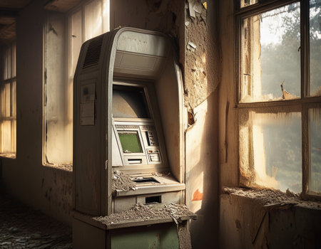 Forgotten automatic teller machine rests in a dilapidated bank with sunlight illuminating dust.の素材