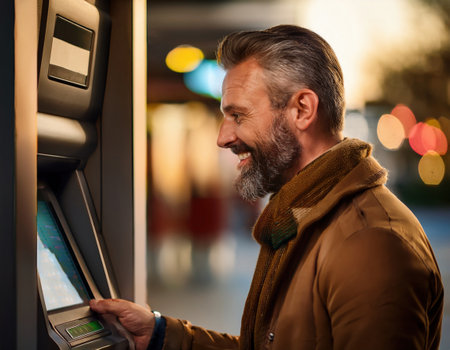 A bearded man happily uses an ATM under glowing city lights, capturing evening charm.の素材