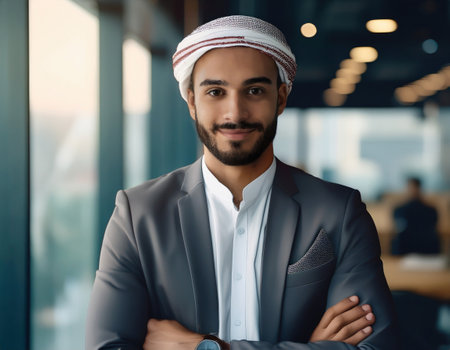 Young muslim businessman stands with arms crossed, exuding confidence in a contemporary office setting.の素材