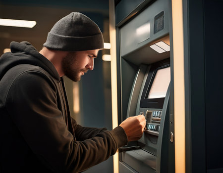 Thief interacts with a sleek ATM machine while surrounded by an urban environment.の素材