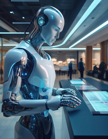 A futuristic robot engages with a digital interface in a bustling finance environment.の素材