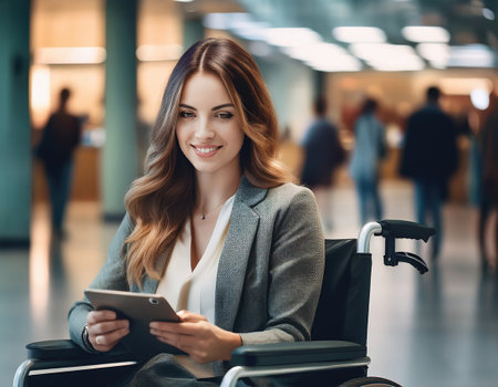 A confident professional in a wheelchair engages with a digital device in a bustling finance office.の素材
